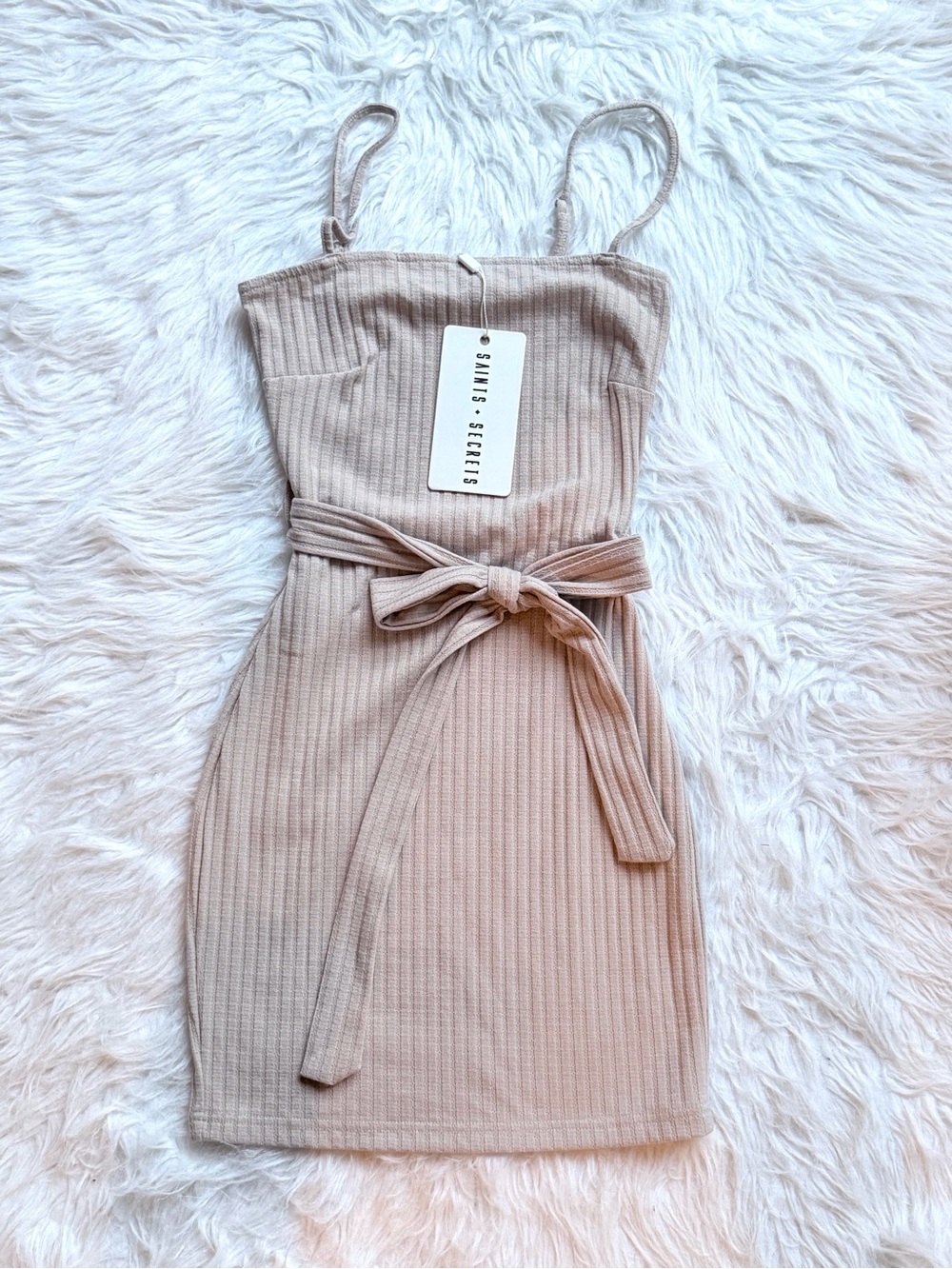 Saints + Secrets Beige Ribbed Tie-Waist Mini Dress